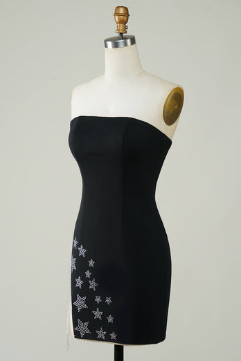 Stylish Sheath Strapless Black Short Homecoming Dress with Tassel