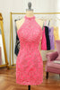 Load image into Gallery viewer, Pink Open Back Halter Lace Tight Homecoming Dress