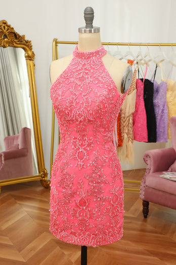 Pink Open Back Halter Lace Tight Homecoming Dress