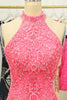 Load image into Gallery viewer, Pink Open Back Halter Lace Tight Homecoming Dress