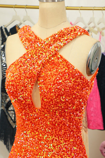 Glitter Red Halter Backless Sequins Tight Homecoming Dress