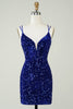 Load image into Gallery viewer, Sheath Royal Blue Sequins Short Homecoming Dress with Criss Cross Back