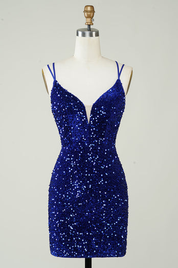 Sheath Royal Blue Sequins Short Homecoming Dress with Criss Cross Back