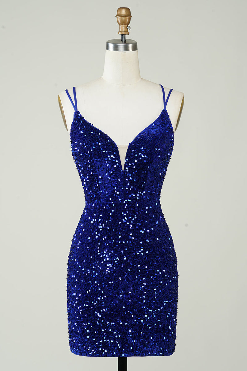 Load image into Gallery viewer, Sheath Royal Blue Sequins Short Homecoming Dress with Criss Cross Back