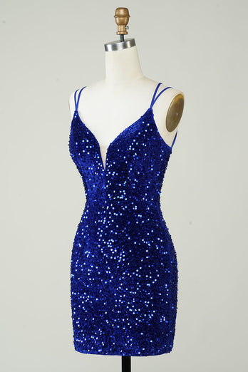 Sheath Royal Blue Sequins Short Homecoming Dress with Criss Cross Back