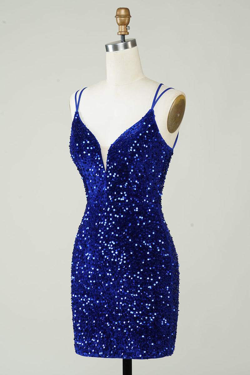 Load image into Gallery viewer, Sheath Royal Blue Sequins Short Homecoming Dress with Criss Cross Back