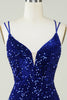 Load image into Gallery viewer, Sheath Royal Blue Sequins Short Homecoming Dress with Criss Cross Back