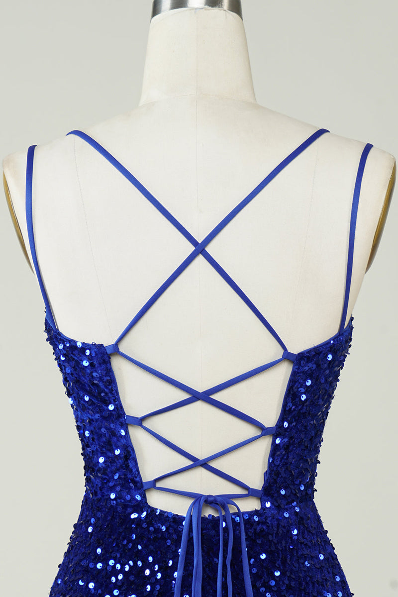 Load image into Gallery viewer, Sheath Royal Blue Sequins Short Homecoming Dress with Criss Cross Back