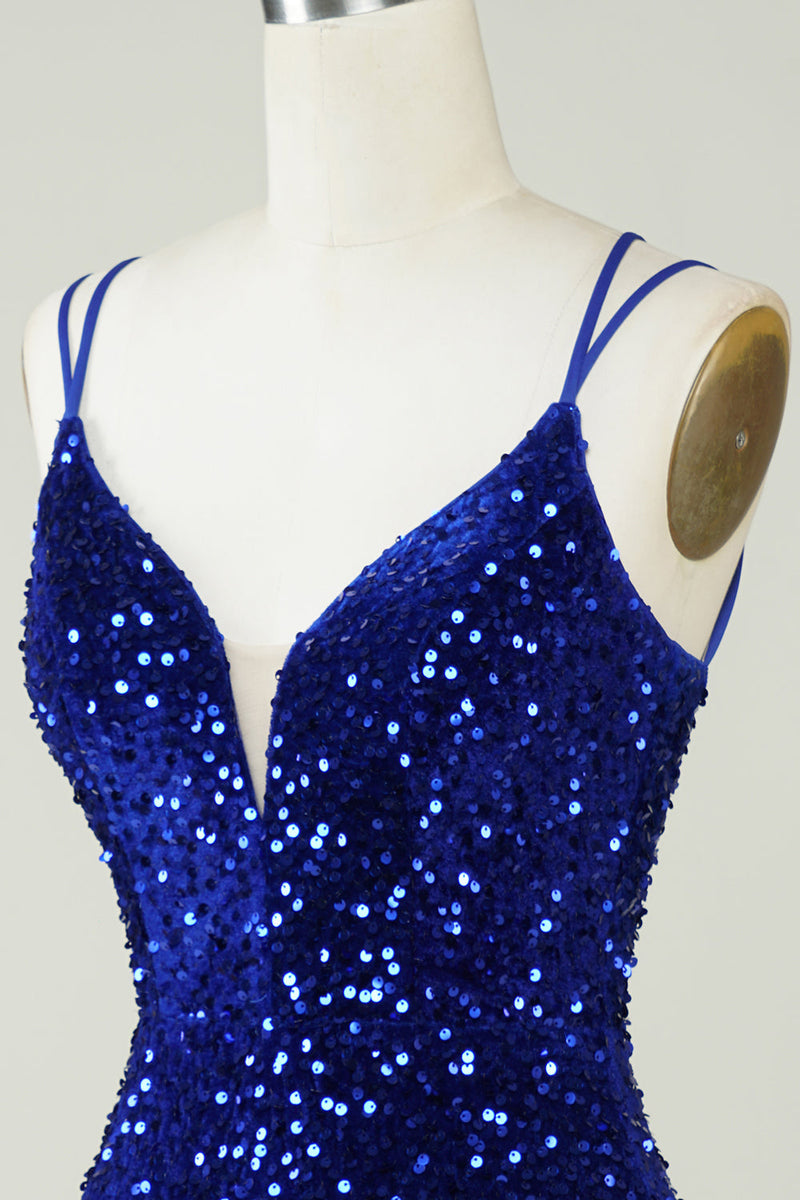 Load image into Gallery viewer, Sheath Royal Blue Sequins Short Homecoming Dress with Criss Cross Back