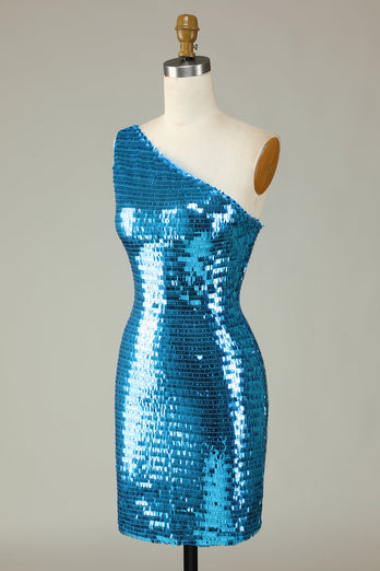 Glitter Royal Blue One Shoulder Sequins Tight Hoco Dress