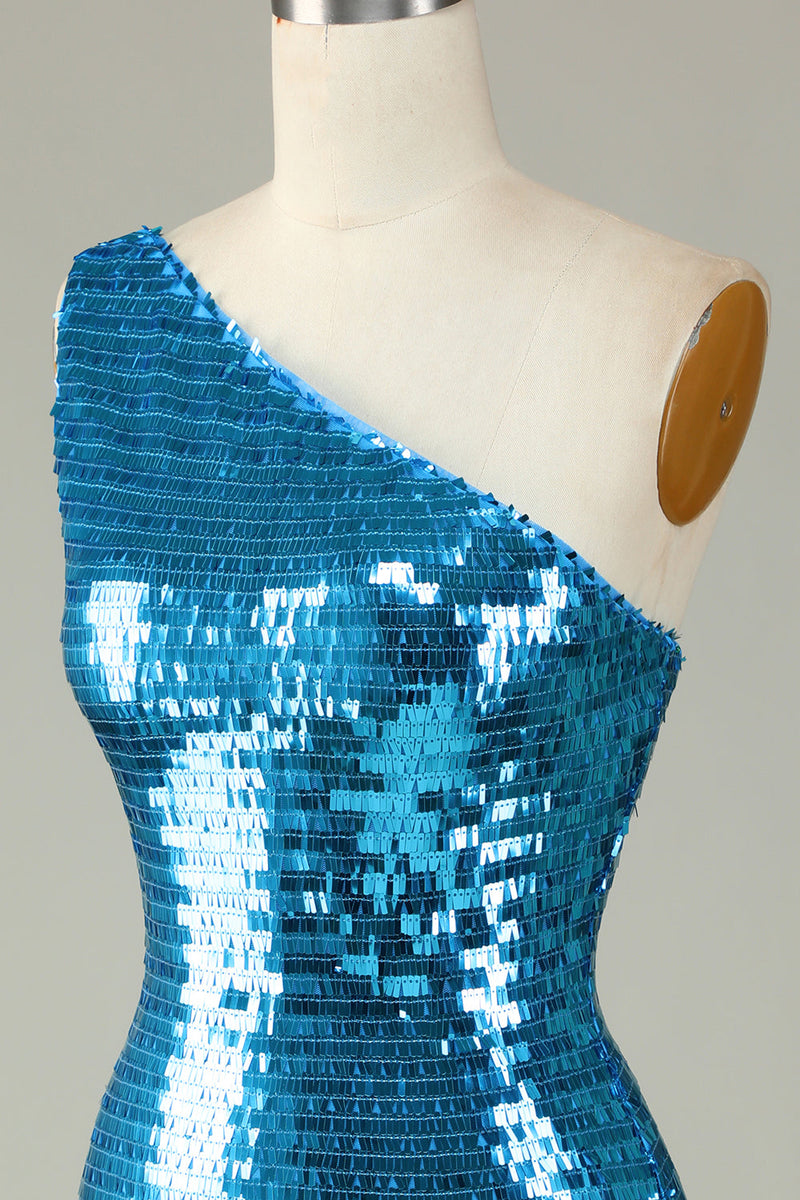 Load image into Gallery viewer, Glitter Royal Blue One Shoulder Sequins Tight Hoco Dress