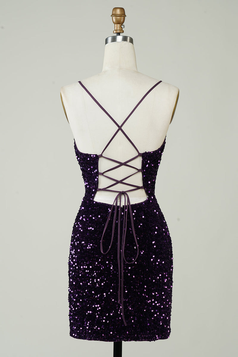 Load image into Gallery viewer, Sparkly Purple Sequins Backless Tight Short Homecoming Dress with Slit