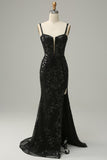 Mermaid Spaghetti Straps Black Sequins Long Prom Dress with Split Front