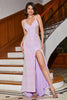 Load image into Gallery viewer, Lilac Sheath V Neck Sequins Long Prom Dress with Split Front