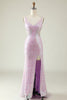 Load image into Gallery viewer, Sheath V Neck Lilac Sequins Long Prom Dress with Split Front