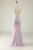 Load image into Gallery viewer, Sheath V Neck Lilac Sequins Long Prom Dress with Split Front