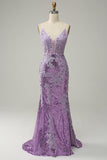 Mermaid Spaghetti Straps Purple Long Prom Dress with Appliques