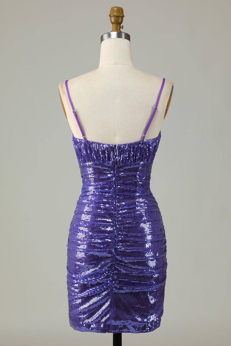 Load image into Gallery viewer, Sparkly Purple Sequins Spaghetti Straps Tight Short Homecoming Dress