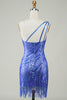 Load image into Gallery viewer, Sheath One Shoulder Blue Sequins Short Homecoming Dress with Tassel