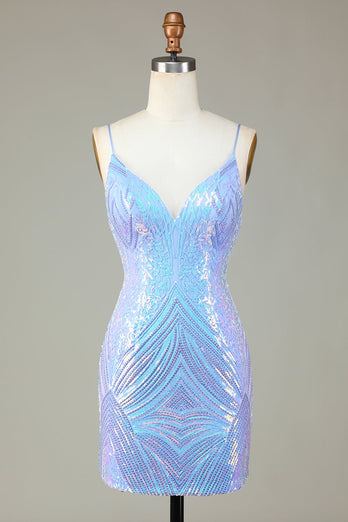 Sparkly Sheath Spaghetti Straps Blue Sequins Short Party Dress with Backless
