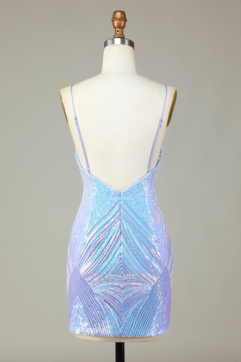 Load image into Gallery viewer, Sparkly Sheath Spaghetti Straps Blue Sequins Short Party Dress with Backless