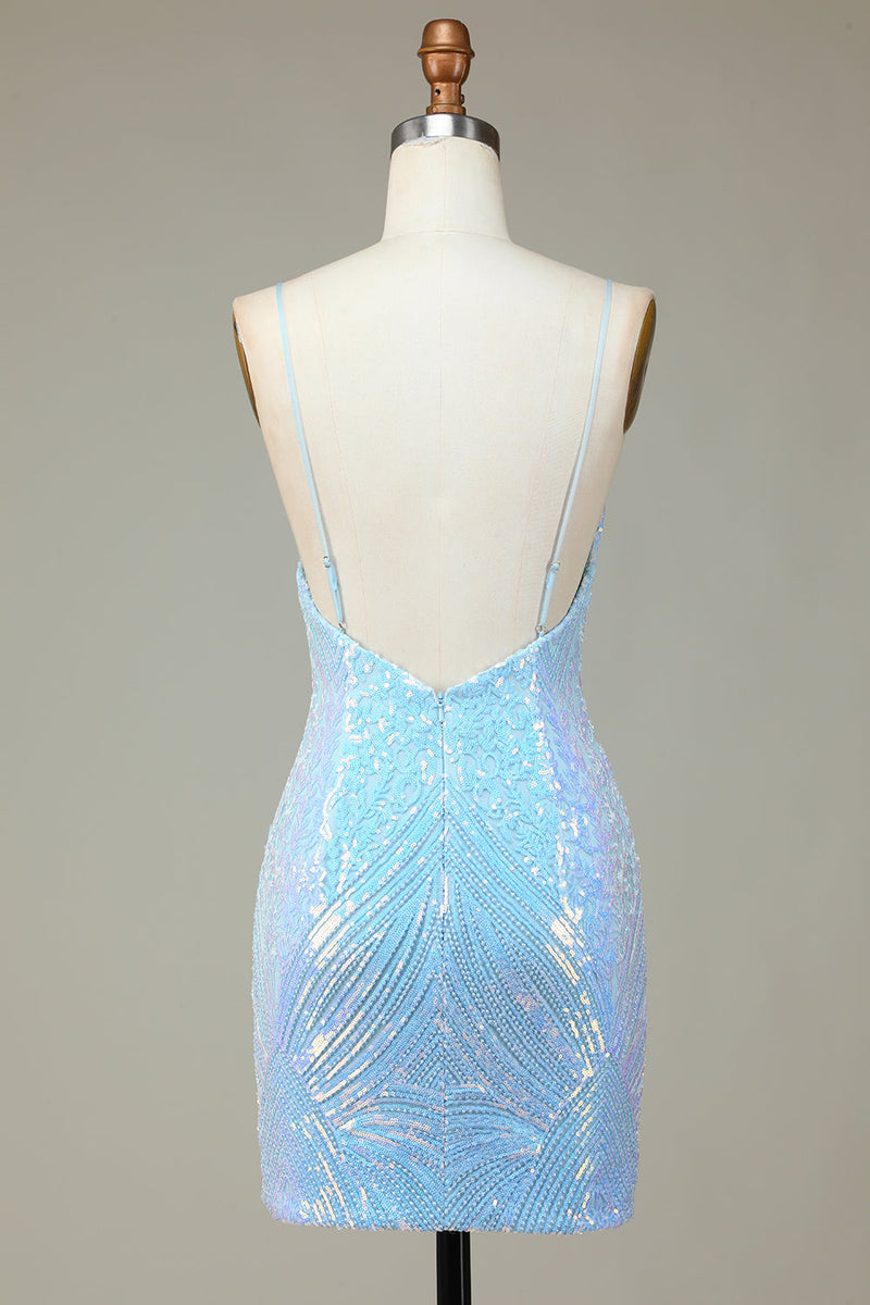 Load image into Gallery viewer, Sparkly Sheath Spaghetti Straps Blue Sequins Short Party Dress with Backless