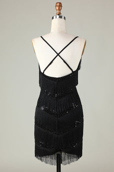 Sparkly Black Sequins Beaded Tight Short Homecoming Dress with Fringes