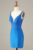 Load image into Gallery viewer, Sheath Deep V Neck Blue Short Homecoming Dress with Beading