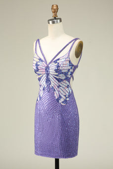 Sheath Spaghetti Straps Purple Sequins Short Graduation Dress