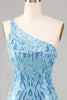 Load image into Gallery viewer, Sheath One Shoulder Blue Sequins Short Homecoming Dress with Tassel