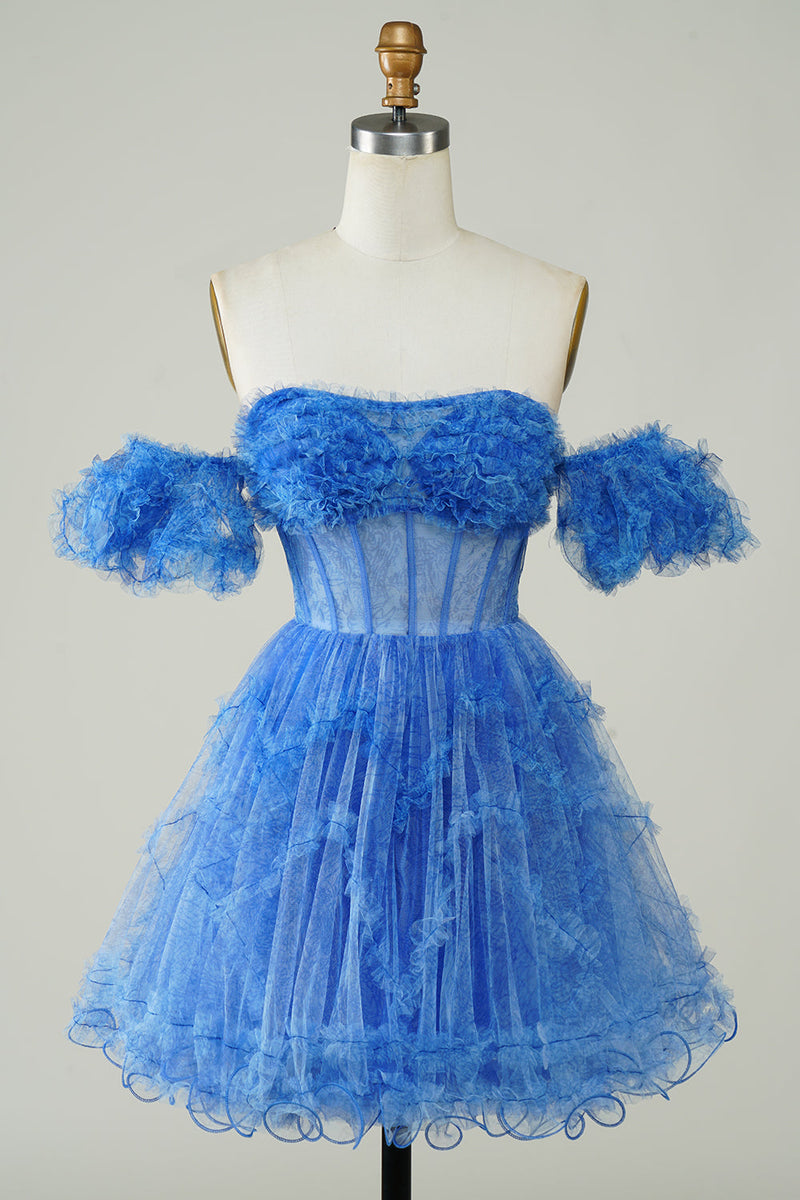 Load image into Gallery viewer, Blue Printed Detachable Sleeves Ruffled Short Homecoming Dress