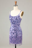Sparkly Purple Sequins Spaghetti Straps Short Graduation Dress with Fringes
