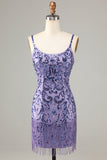 Sparkly Purple Sequins Spaghetti Straps Short Graduation Dress with Fringes
