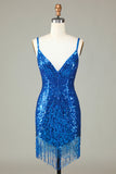 Sparkly Bodycon Spaghetti Straps Blue Sequins Short Graduation Dress with Tassel
