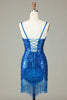 Load image into Gallery viewer, Sparkly Bodycon Spaghetti Straps Blue Sequins Short Graduation Dress with Tassel