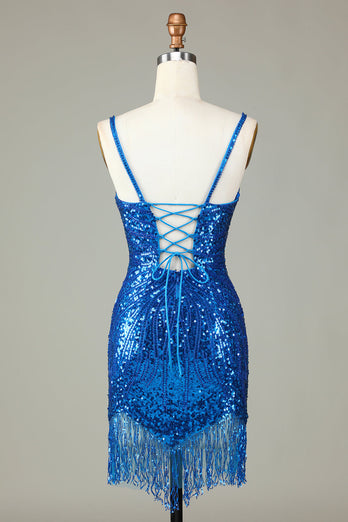 Sparkly Bodycon Spaghetti Straps Blue Sequins Short Graduation Dress with Tassel