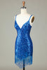 Load image into Gallery viewer, Sparkly Bodycon Spaghetti Straps Blue Sequins Short Homecoming Dress with Tassel