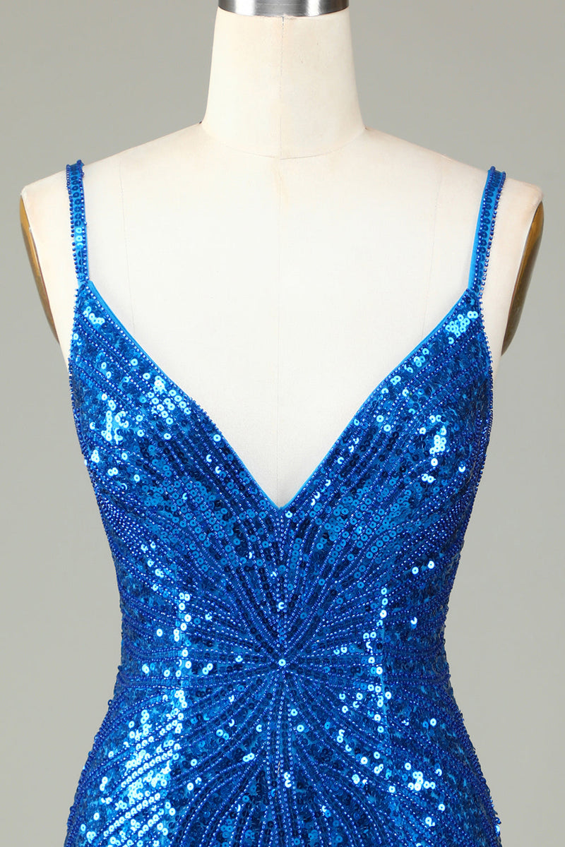 Load image into Gallery viewer, Sparkly Bodycon Spaghetti Straps Blue Sequins Short Graduation Dress with Tassel