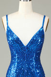Sparkly Bodycon Spaghetti Straps Blue Sequins Short Graduation Dress with Tassel