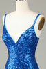 Load image into Gallery viewer, Sparkly Bodycon Spaghetti Straps Blue Sequins Short Graduation Dress with Tassel