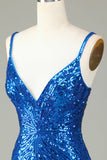 Sparkly Bodycon Spaghetti Straps Blue Sequins Short Graduation Dress with Tassel
