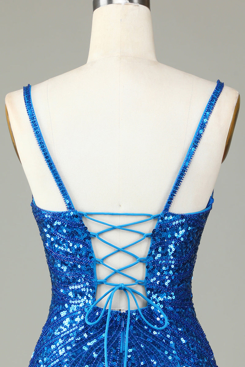 Load image into Gallery viewer, Sparkly Bodycon Spaghetti Straps Blue Sequins Short Graduation Dress with Tassel