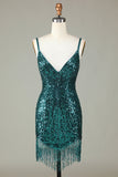 Sparkly Bodycon Spaghetti Straps Blue Sequins Short Graduation Dress with Tassel