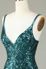 Load image into Gallery viewer, Sparkly Bodycon Spaghetti Straps Blue Sequins Short Graduation Dress with Tassel