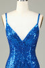 Load image into Gallery viewer, Sparkly Bodycon Spaghetti Straps Blue Lace-Up Back Short Homecoming Dress with Beading