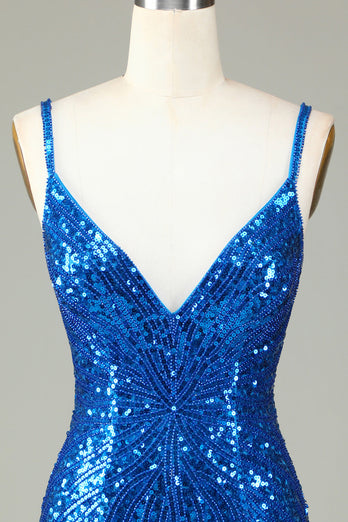 Sparkly Bodycon Spaghetti Straps Blue Lace-Up Back Short Homecoming Dress with Beading