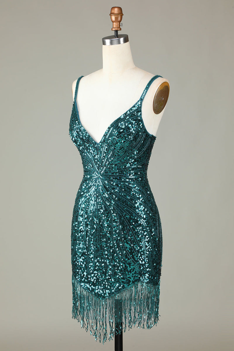 Load image into Gallery viewer, Sparkly Bodycon Spaghetti Straps Blue Lace-Up Back Short Homecoming Dress with Beading