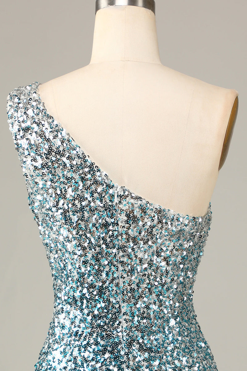 Load image into Gallery viewer, Sparkly Bodycon One Shoulder Blue Sequins Short Homecoming Dress with Tassel