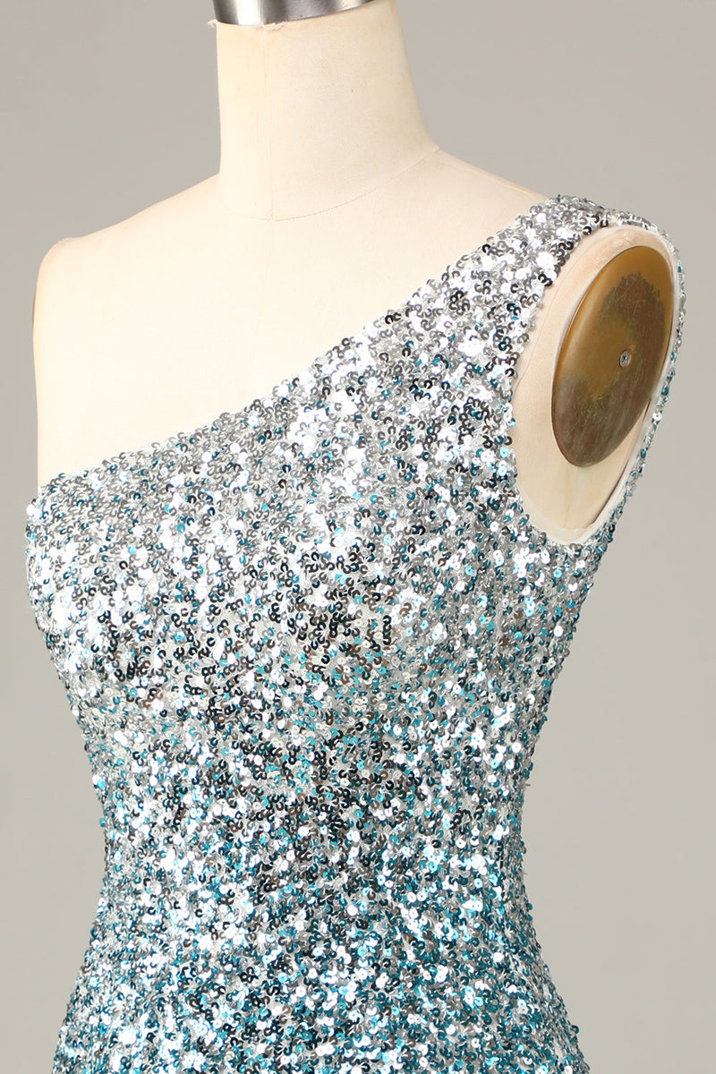 Load image into Gallery viewer, Sparkly Bodycon One Shoulder Blue Sequins Short Homecoming Dress with Tassel