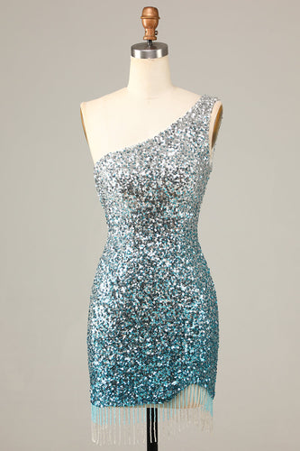 Sparkly Bodycon One Shoulder Blue Sequins Short Homecoming Dress with Tassel